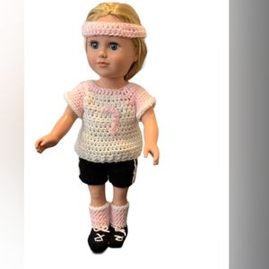 Crocheted 18" doll soccer player outfit. Hand made with love by Nana Kathie.